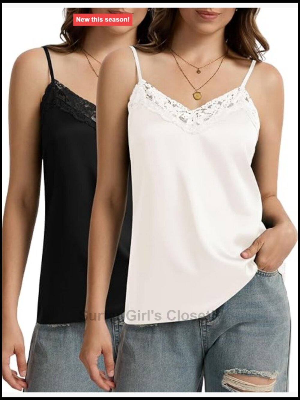 Women's Satin Camisole Tank Top Lace V-Neck Sleeveless Adjustable Spaghetti
